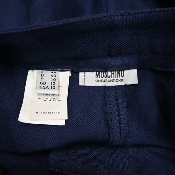 Moschino Cheap and Chic Wide Leg Pants Size 10 Blue Career Wool Linen Pleated - Picture 8 of 8